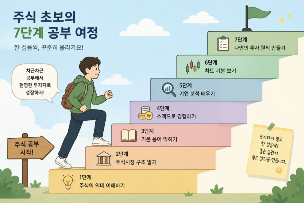 주식초보가 돈 잃기 전에 반드시 알아야 할 공부 순서 7단계 설명하는 이미지