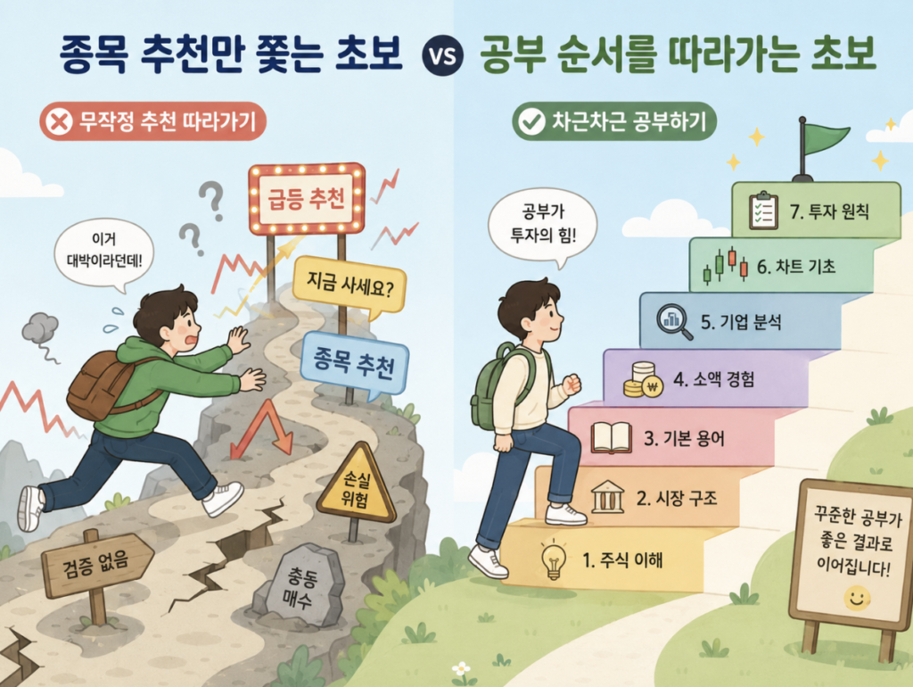 종목 추천만 보고 달려가는 초보와 공부 순서를 따라가는 초보 비교 이미지
