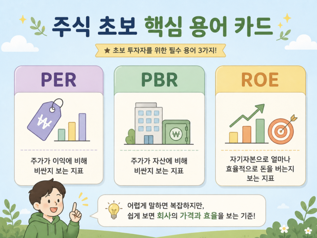 PER, PBR, ROE가 적힌 쉬운 주식 용어 카드 이미지