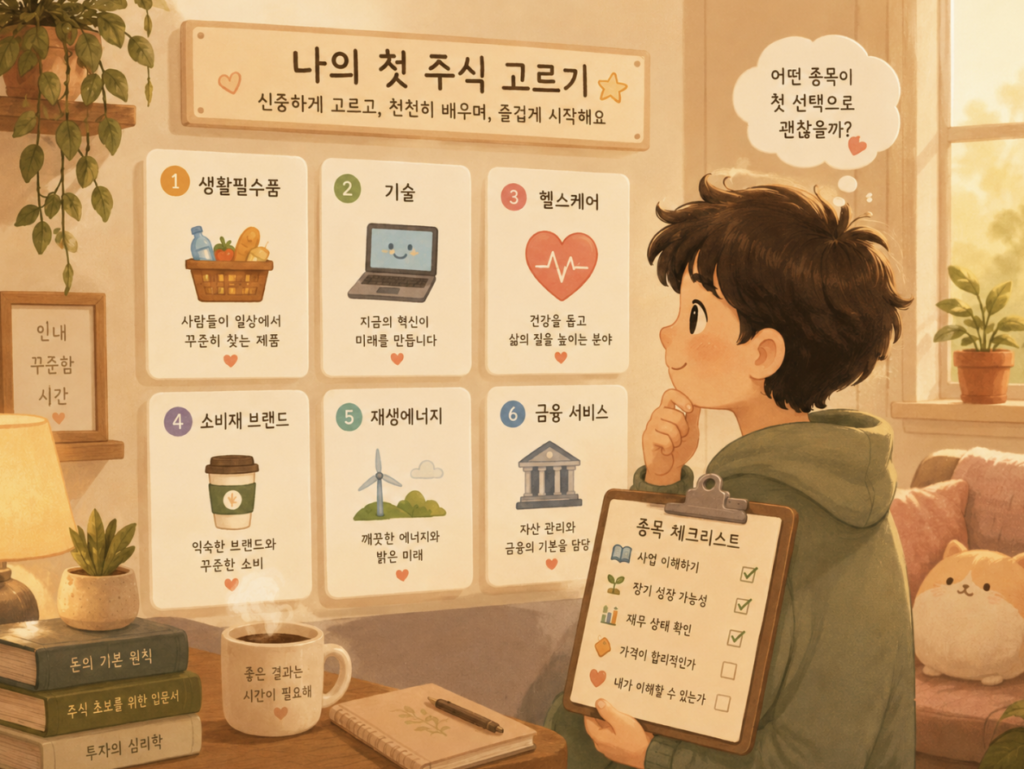 초보 투자자가 여러 종목 카드 앞에서 체크리스트를 들고 고민하는 일러스트