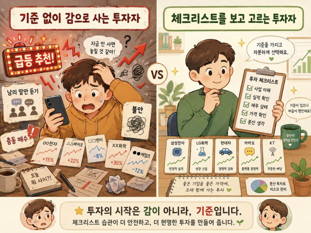 기준 없이 감으로 사는 투자자와 체크리스트를 보고 고르는 투자자 비교 일러스트