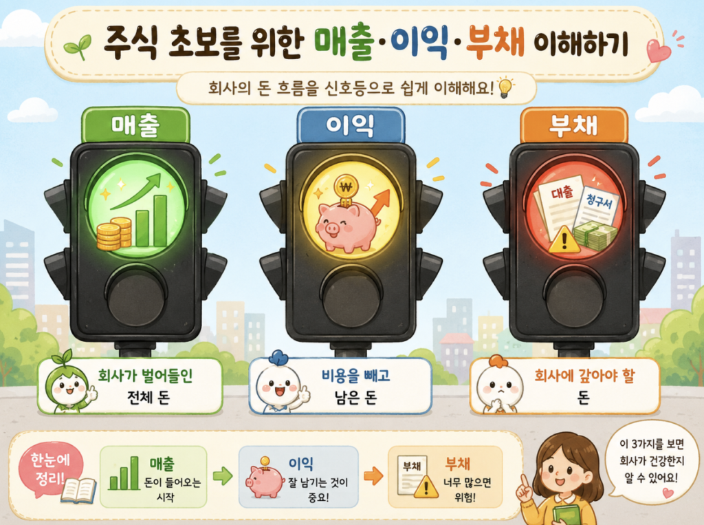매출, 이익, 부채를 초보자용 신호등으로 표현한 일러스트