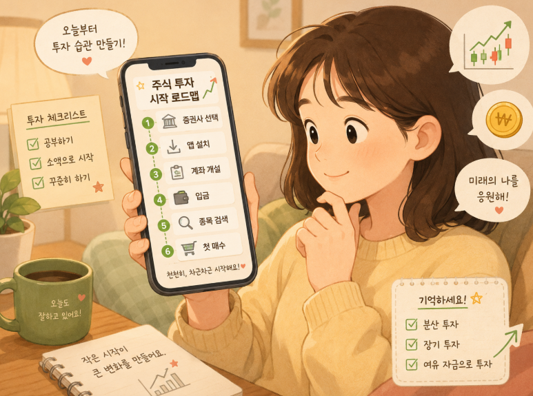 초보자가 스마트폰을 들고 주식 시작 로드맵을 보는 따뜻한 일러스트