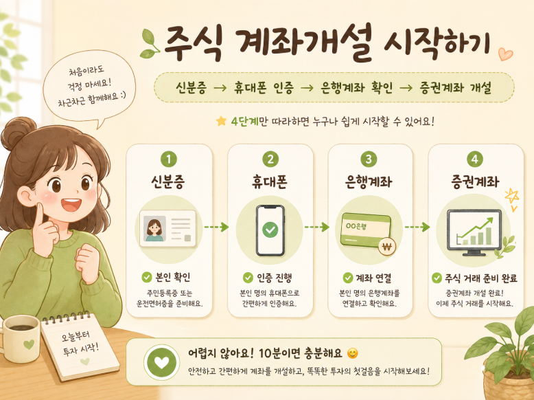 신분증, 휴대폰, 은행계좌, 증권계좌가 연결되는 계좌개설 과정 일러스트