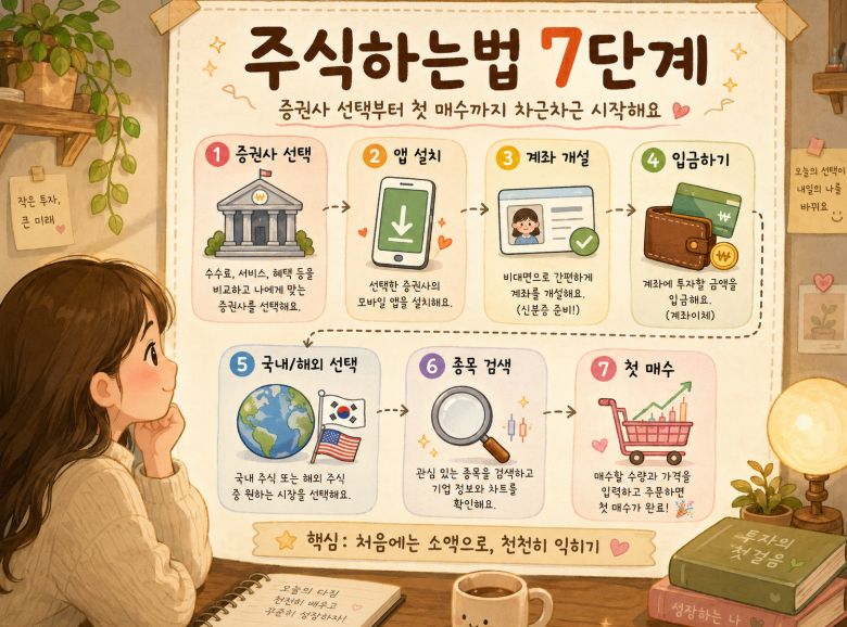 주식하는법 7단계 정리해놓은 따뜻한 일러스트