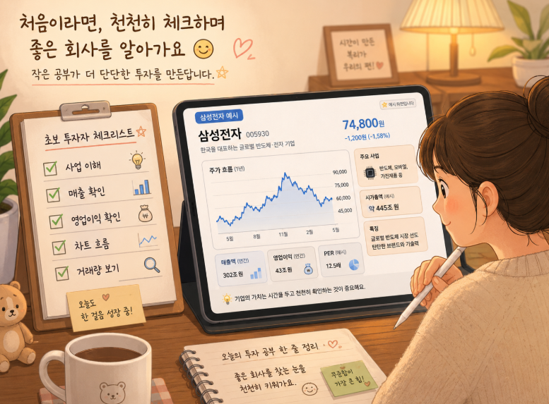 초보 투자자가 삼성전자 같은 대형주 예시 화면을 보며 체크리스트를 확인하는 따뜻한 일러스트