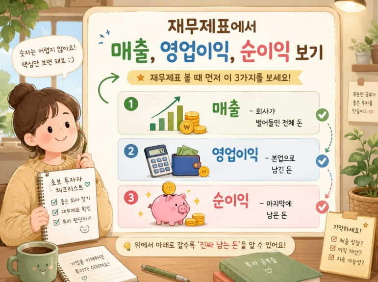재무재표에서 매출 영업이익 순이익을 보여주는 따뜻한 일러스트