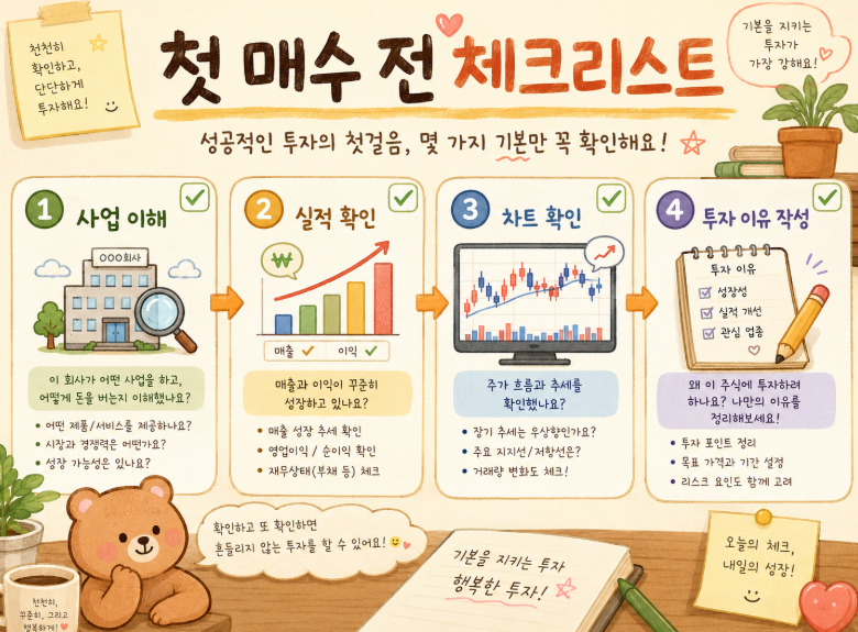 첫 매수 전 체크리스트 인포그래픽 — 사업 이해, 실적 확인, 차트 확인, 투자 이유 작성