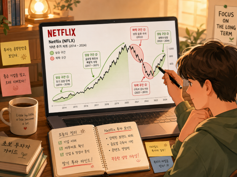 넷플릭스 10년 주가 차트를 보며 상승·하락 구간을 표시하는 초보 투자자