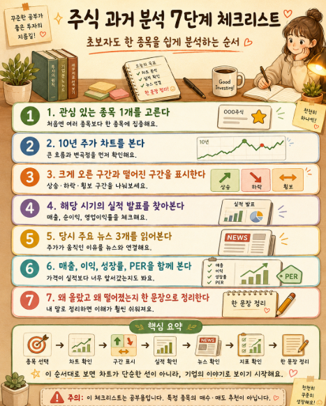 주식 과거 분석 7단계 체크리스트 인포그래픽