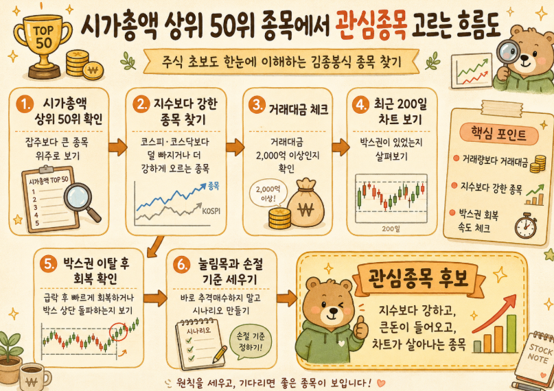 시가총액 상위 50위 종목에서 관심종목을 고르는 흐름도