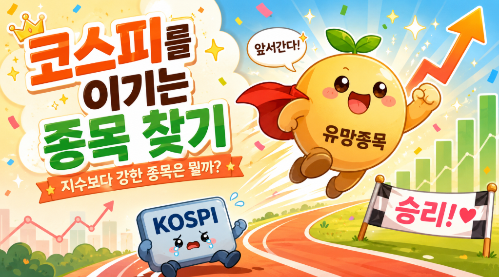코스피 차트를 이기는 종목 찾기 설명한 귀여운 이미지