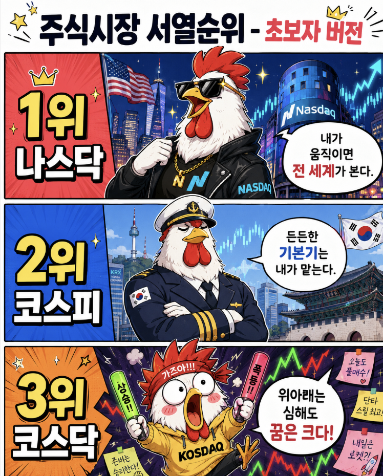 코스피 코스닥 나스닥 쉽게 요약해 설명한 이미지