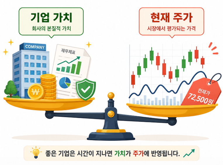 저울 위에 ‘기업 가치’와 ‘현재 주가’가 비교되는 일러스트