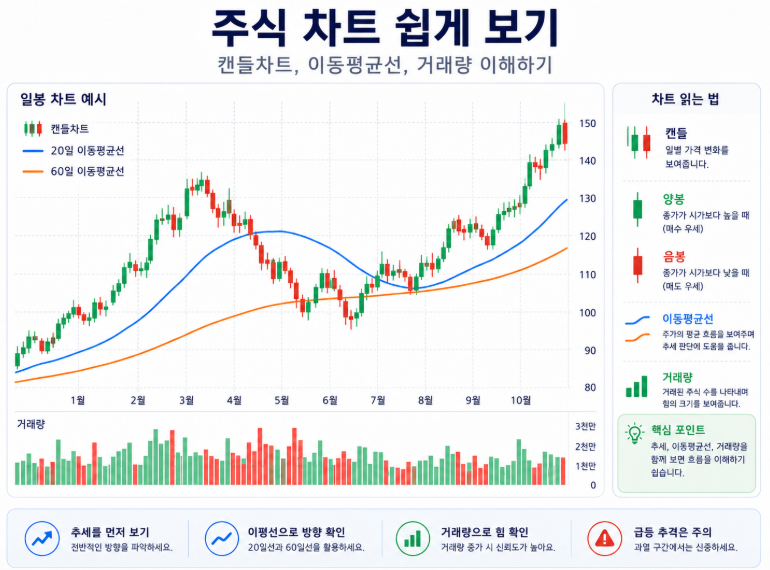 캔들차트, 이동평균선, 거래량 막대가 보이는 주식 차트 이미지