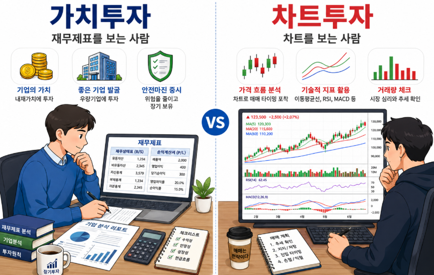 왼쪽은 재무제표를 보는 사람, 오른쪽은 차트를 보는 사람 비교 이미지