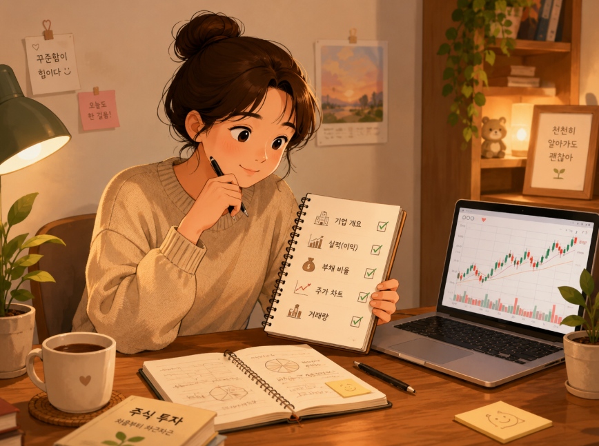 초보 투자자가 체크리스트를 보며 종목을 공부하는 따뜻한 느낌의 일러스트