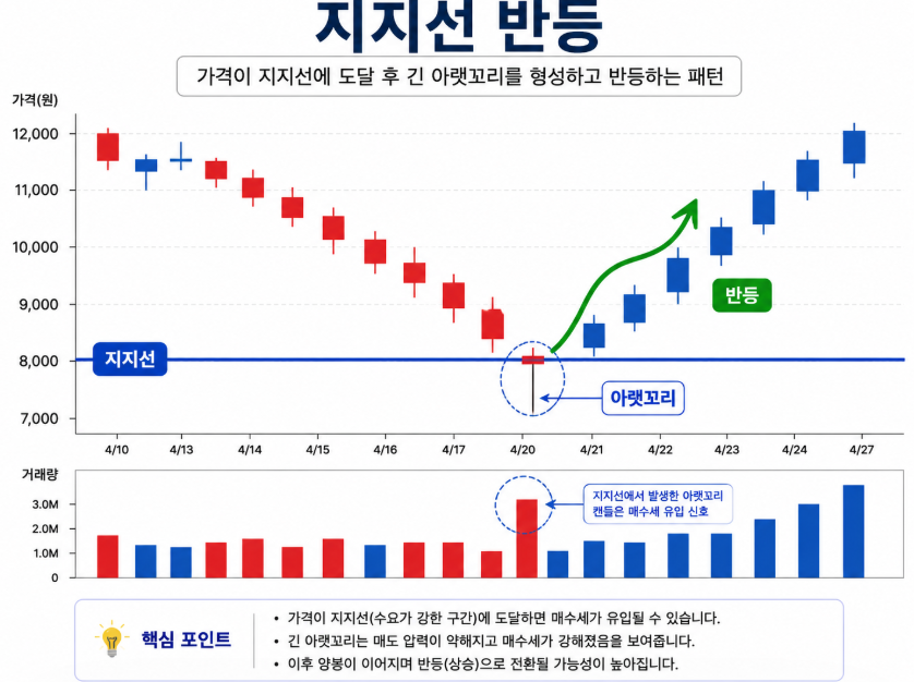 지지선에서 아랫꼬리 캔들이 나오고 반등하는 차트 예시