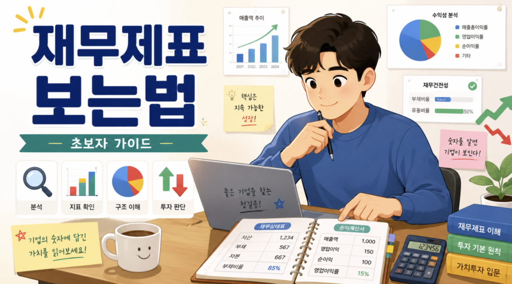 재무제표를 공부하는 초보 투자자 캐릭터 / ALT: 재무제표 보는법 초보자 가이드 이미지