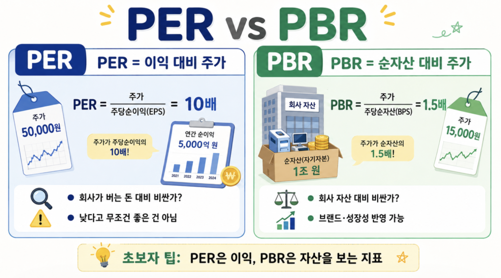 PER과 PBR을 가격표와 자산가치로 비교한 인포그래픽 / ALT: PER PBR 뜻 비교 이미지