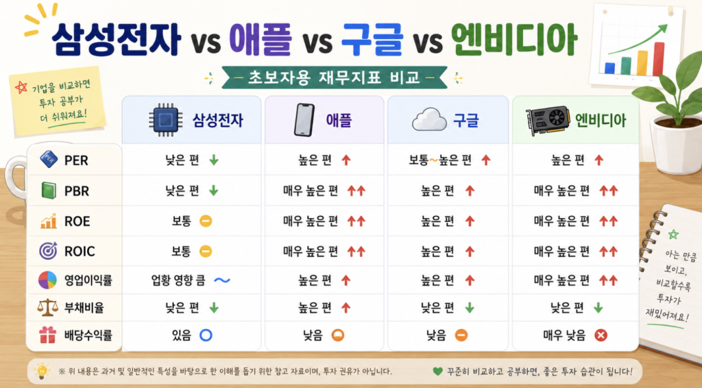 삼성전자 애플 구글 엔비디아 4개 기업 비교표 이미지 / ALT: 삼성전자 애플 구글 엔비디아 재무지표 비교 이미지