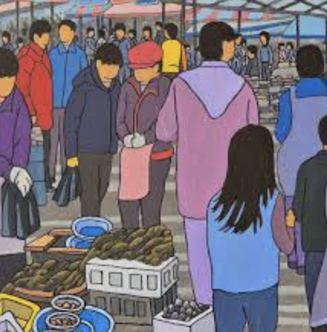 주식시장구조를 시장 장터 비유로 쉽게 설명한 이미지