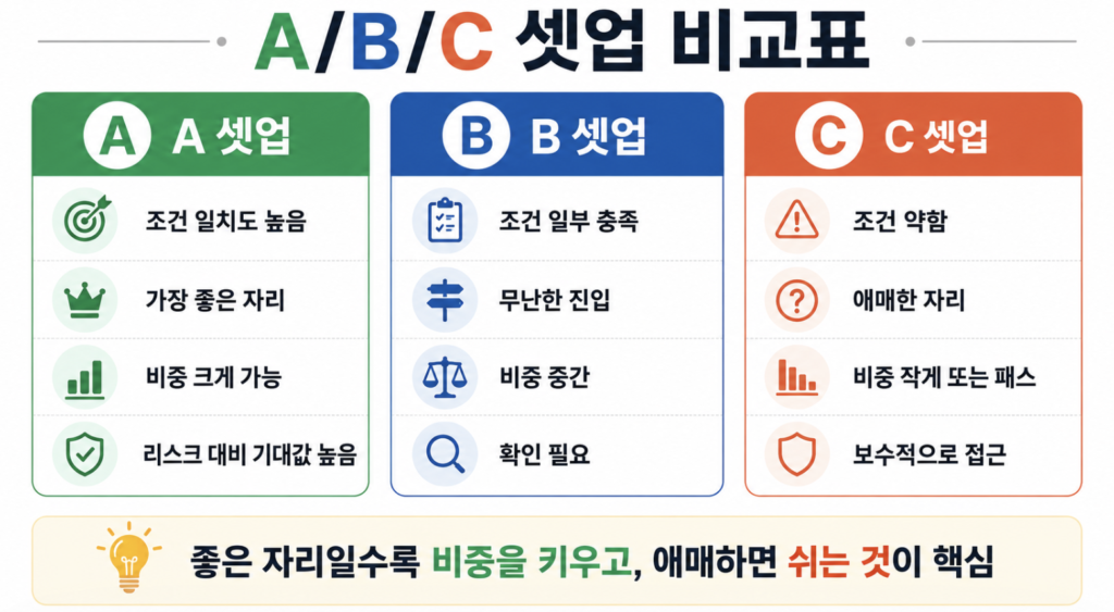 A/B/C 셋업 비교표 이미지