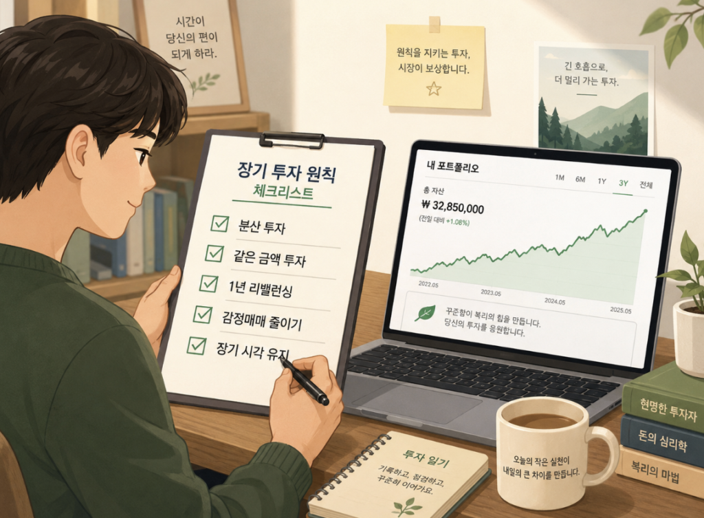 장기투자 규칙을 체크하는 초보 투자자 이미지]